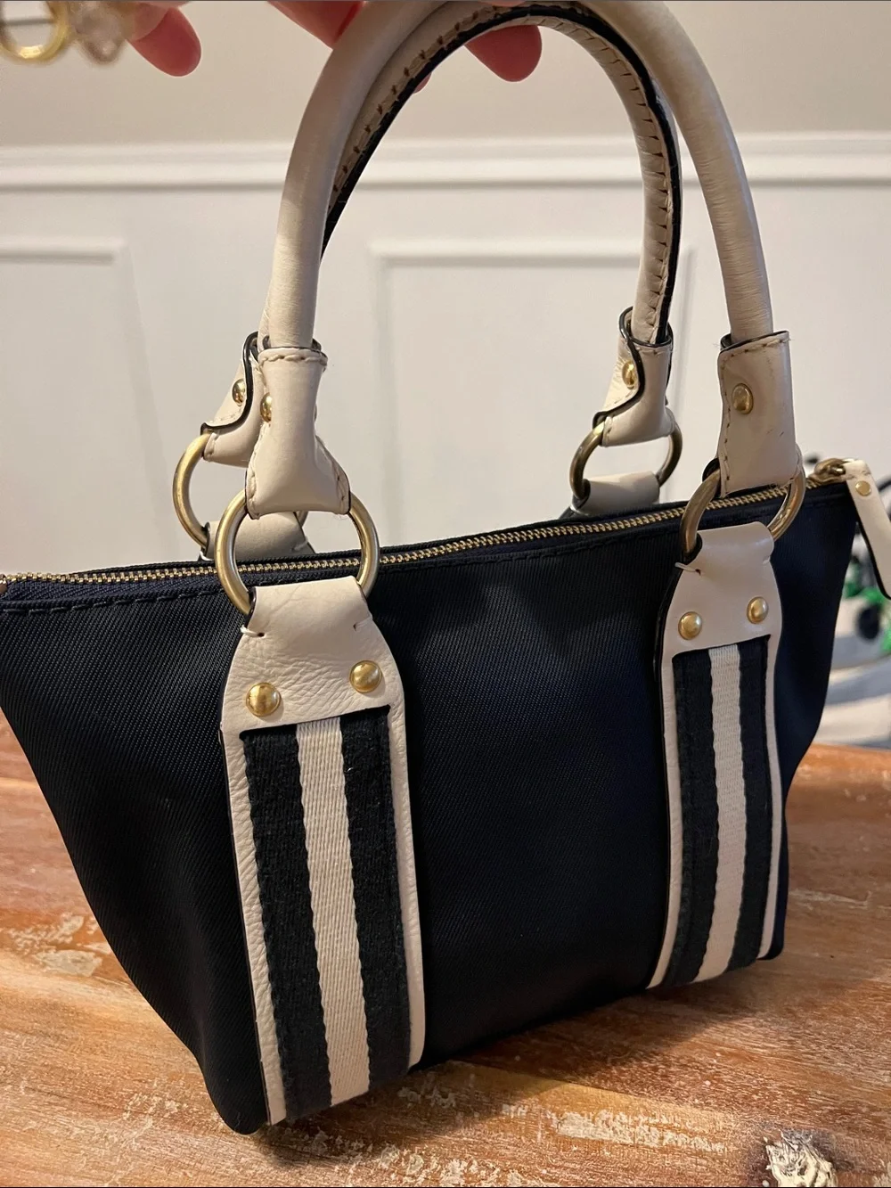 Michael Kors Navy and Cream Mini Satchel with Gold Hardware